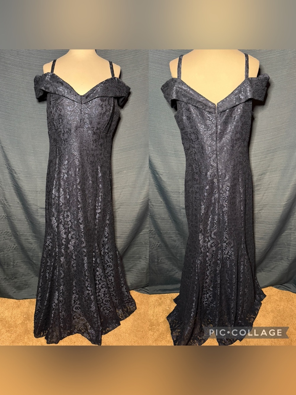 R&M Richards Navy Lace Off-Shoulder Maxi Gown